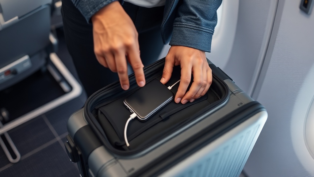 항공기 객실 내 안전을 위해 보조배터리를 휴대하고 탑승하는 승객의 모습