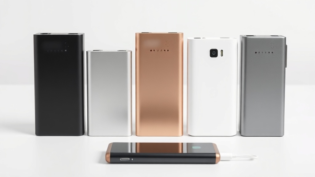 크기와 용량이 서로 다른 여러 개의 보조배터리가 나란히 배치되어 휴대성을 비교하는 모습