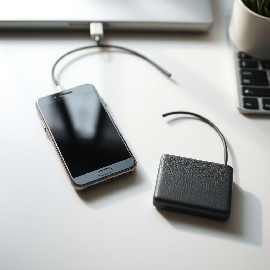 책상 위에 놓인 스마트폰과 보조배터리가 케이블로 연결되어 충전 중인 모습